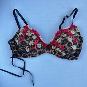 36D Y2K VTG Frederick’s of Hollywood Leopard Lace Up Bra Floral Embroidery Sexy